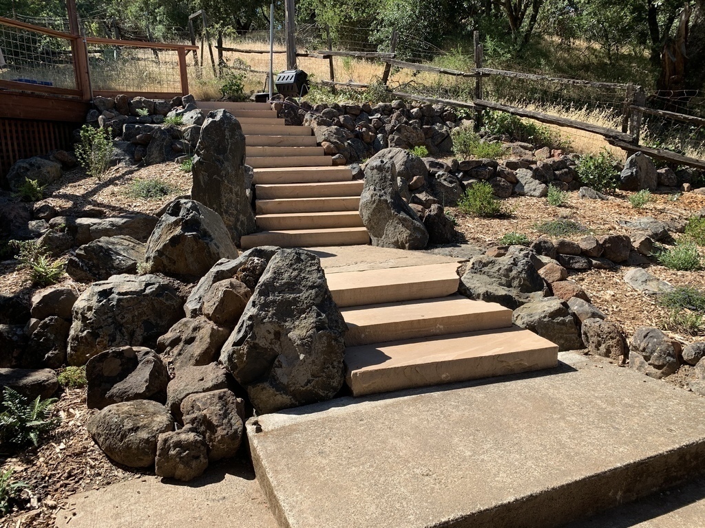 Stone stairway through the California native plant garden