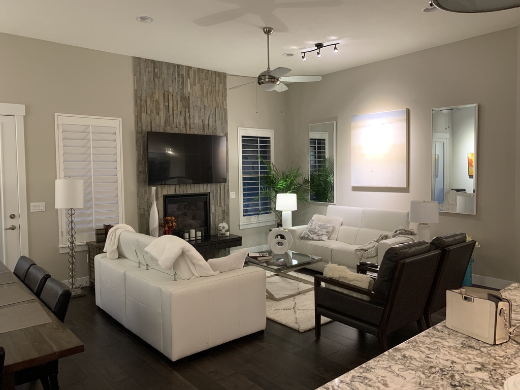 living room open to dining room  and kitchen