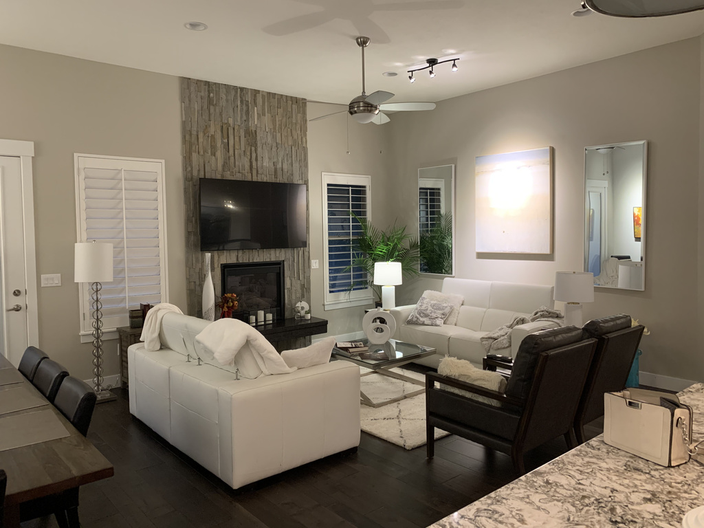 living room open to dining room  and kitchen