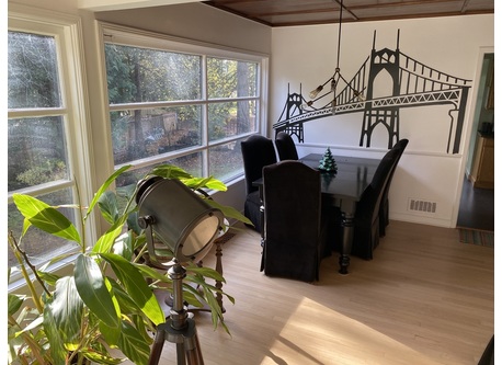 Dining room. That’s St. John’s Bridge on the wall. Portland is also known as the City of Bridges.