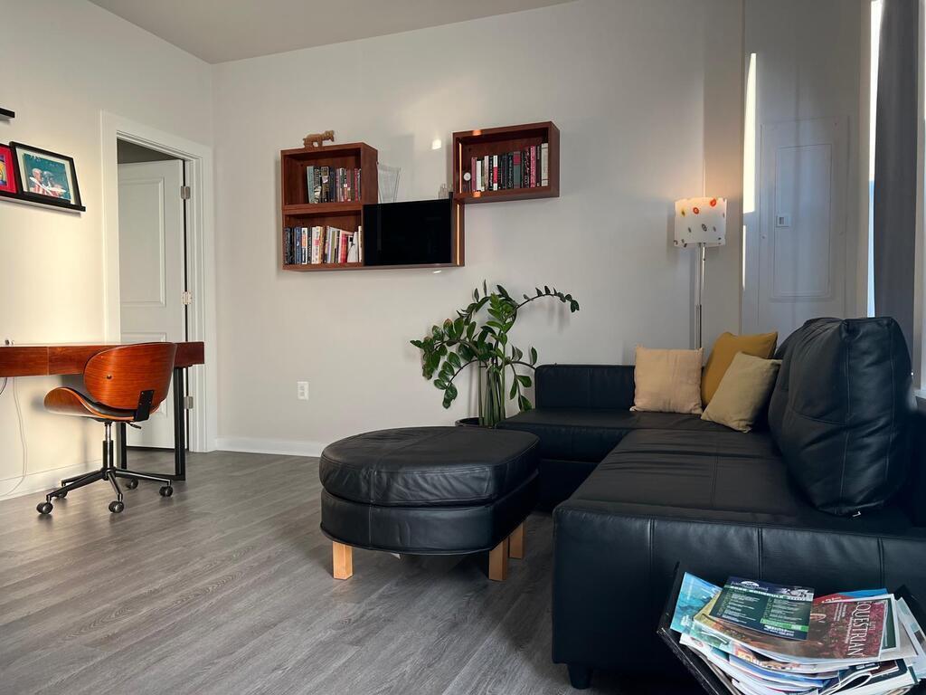 Den with sleeper sofa and work space