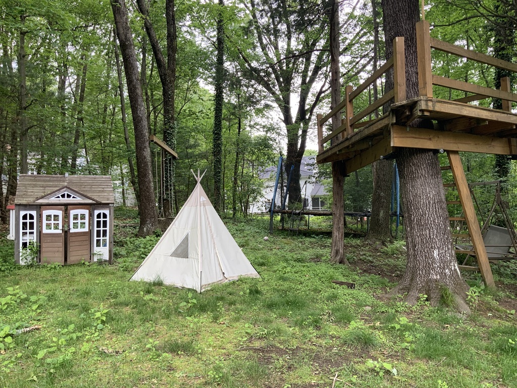 Backgarden/yard with Treehouse, small playhouse, tent, swings and trampoline