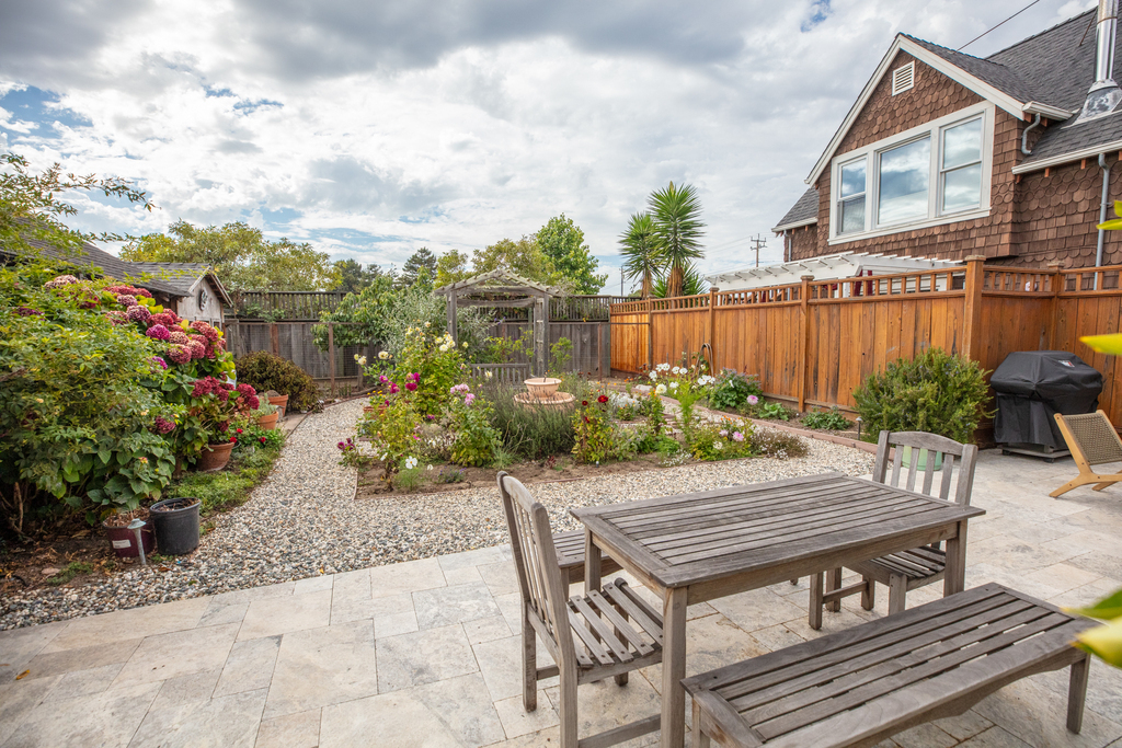 Outdoor dining table in backyard