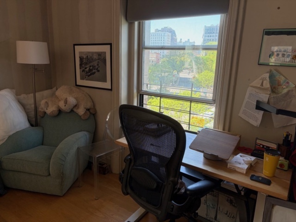 Sit-stand desk with Aeron task chair has southern-facing view to 108th Street and Straus Park.