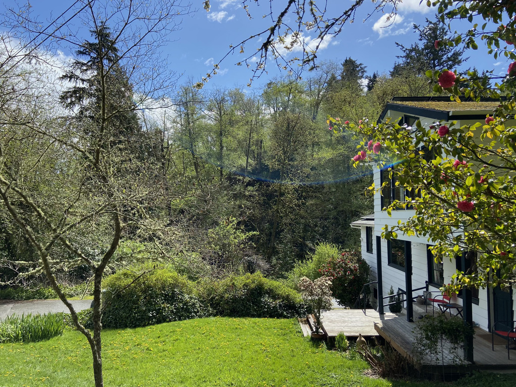 We can see no other houses from our house. It is surrounded by trees. 