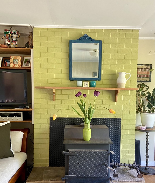 We have a wood stove in the downstairs living room and a small television. 