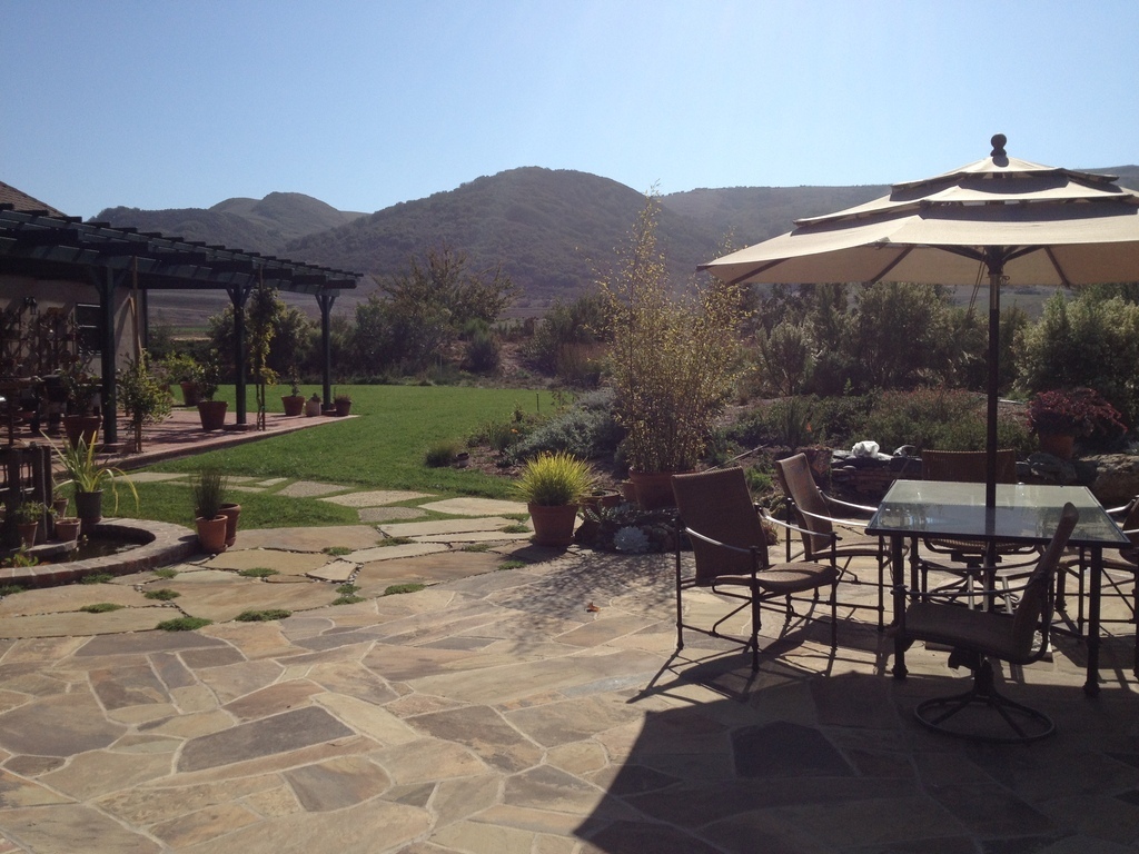 patio area, farmland in the distance