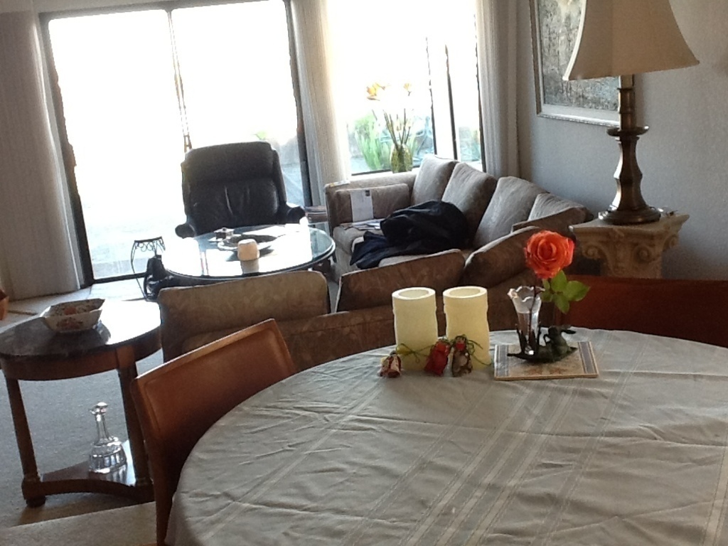 Dining table looks out toward the deck and water.