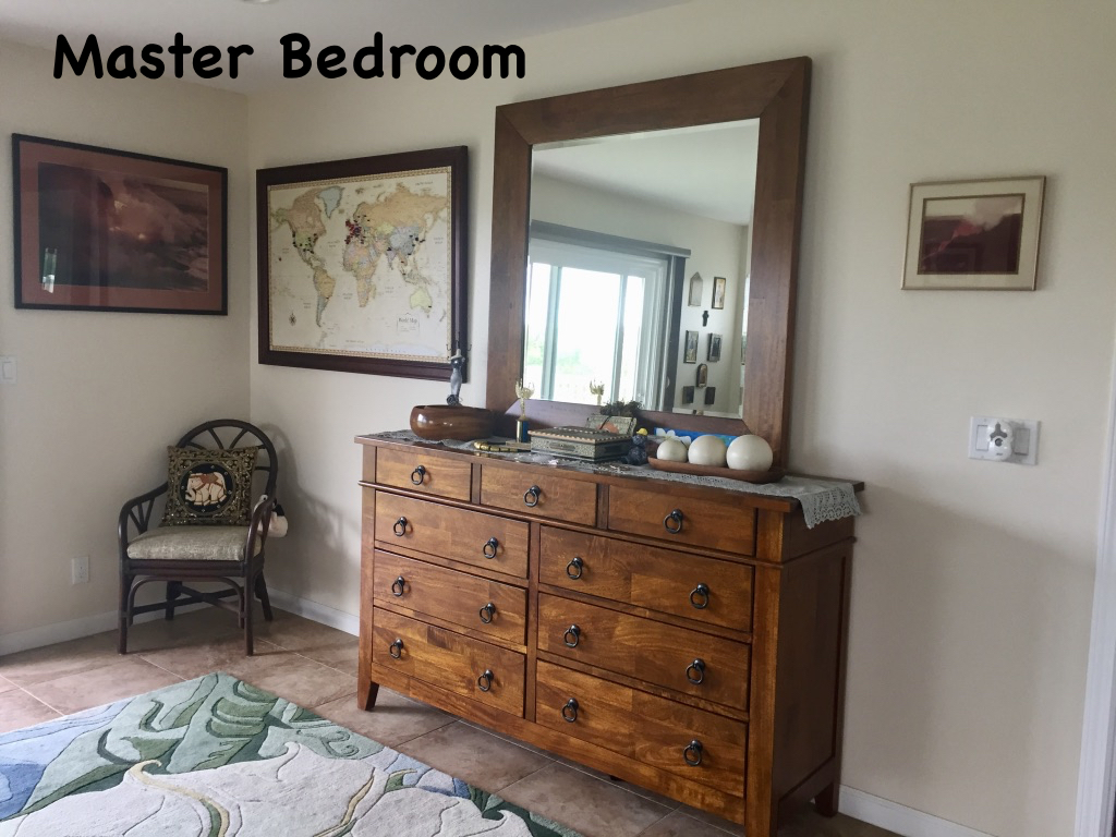 The master bedroom has ample storage and a map to remind guests where in the world they are