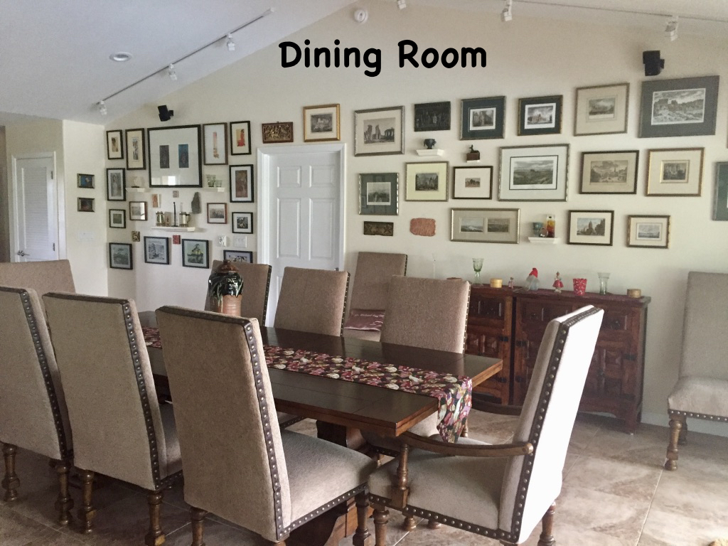 The large dining room features views of prints from all over the world