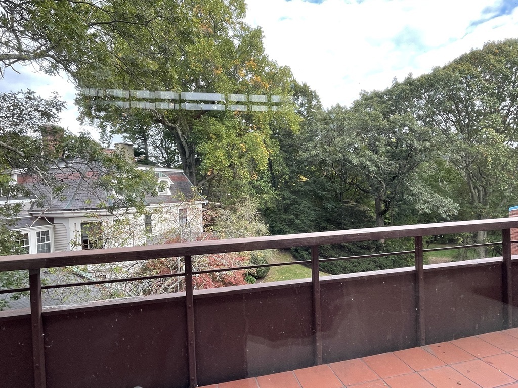 View from the balcony: "The Castle," gardens, Jamaica Pond