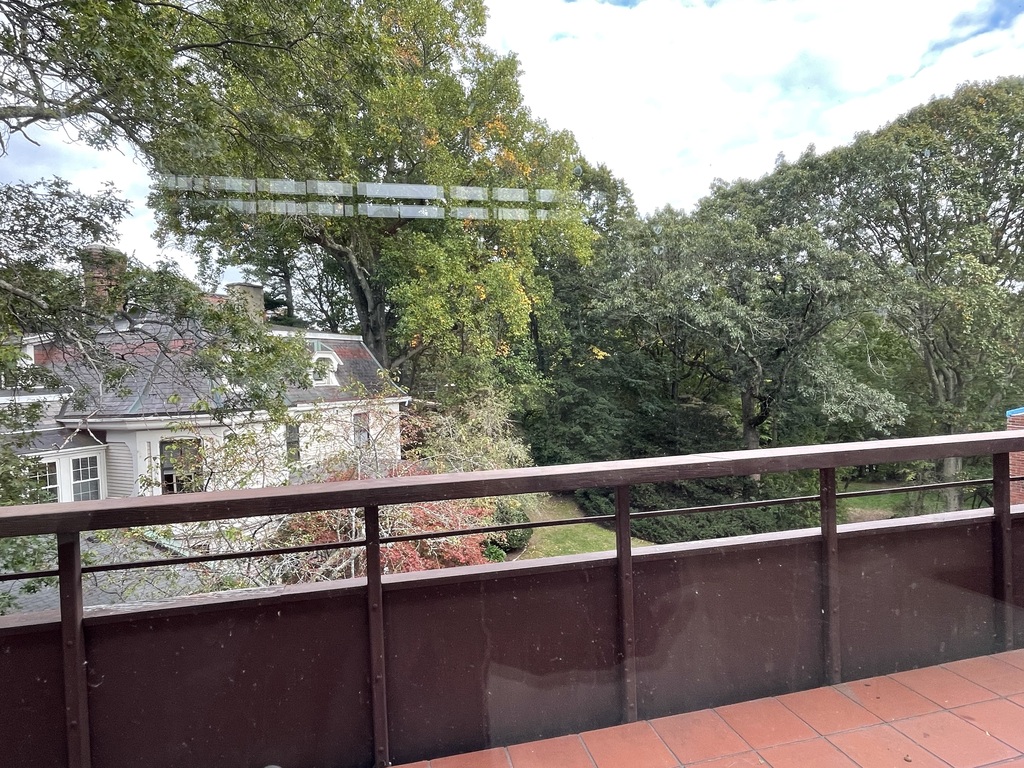 View from the balcony: "The Castle," gardens, Jamaica Pond