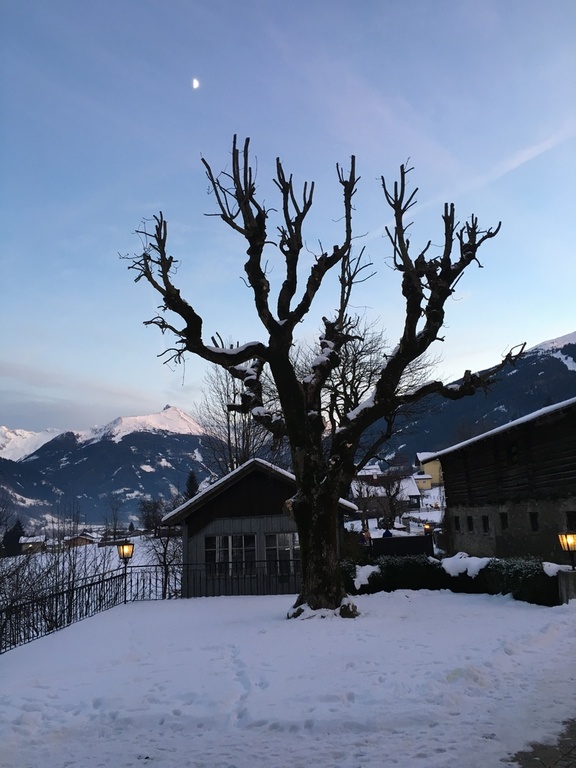 In front of a little castle with a lovely restaurant near our house. We go there for cakes and coffee after a day out skiing