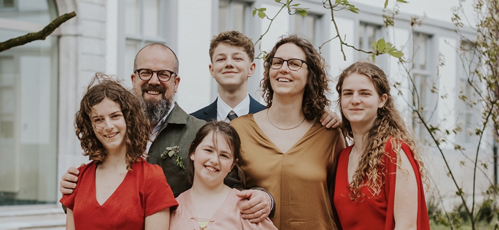 Our family together at a wedding 