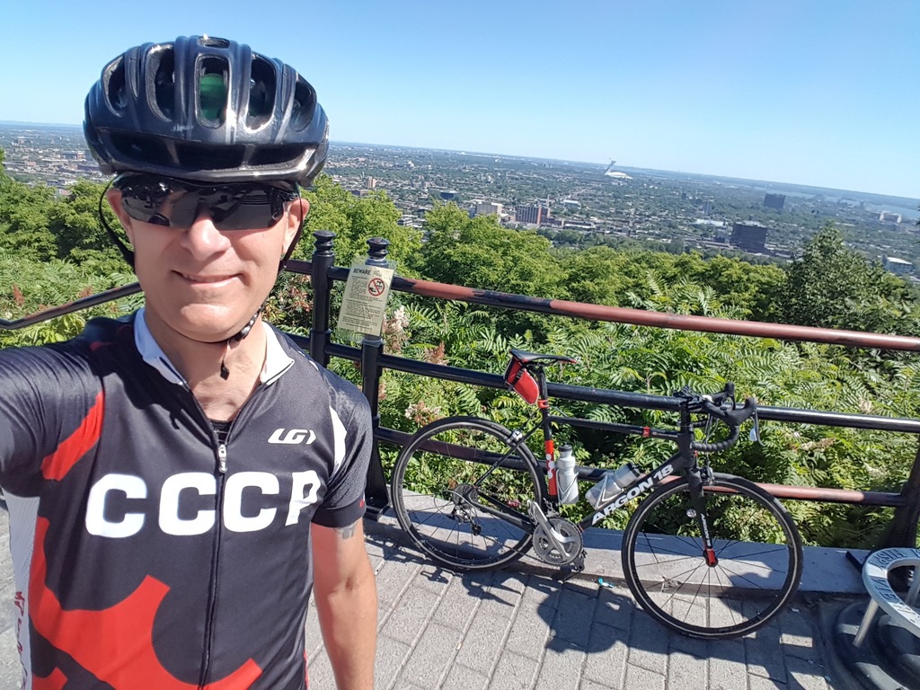 Stéphane with is race bike (not available for the exchange).  At the top of Mont-Royal (Montreal), Summer 2017