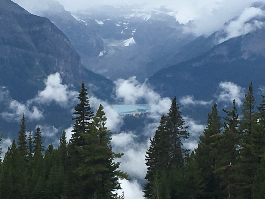 Distant view of Lake Louise from the gondola lift across the valley. Sept 2018.