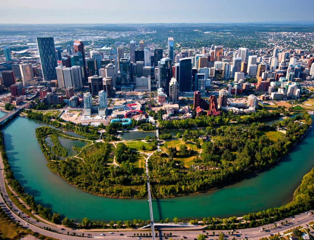Prince's Island park, downtown Calgary.  We bicycle to this park in 15 minutes.  Our home is in the forest in the background of.