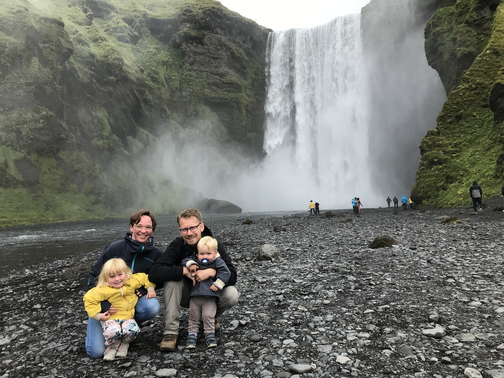 Our family (Helle, Kim, Selma and Manfred) at Skogafoss, Iceland, 2020, during our first home exchange