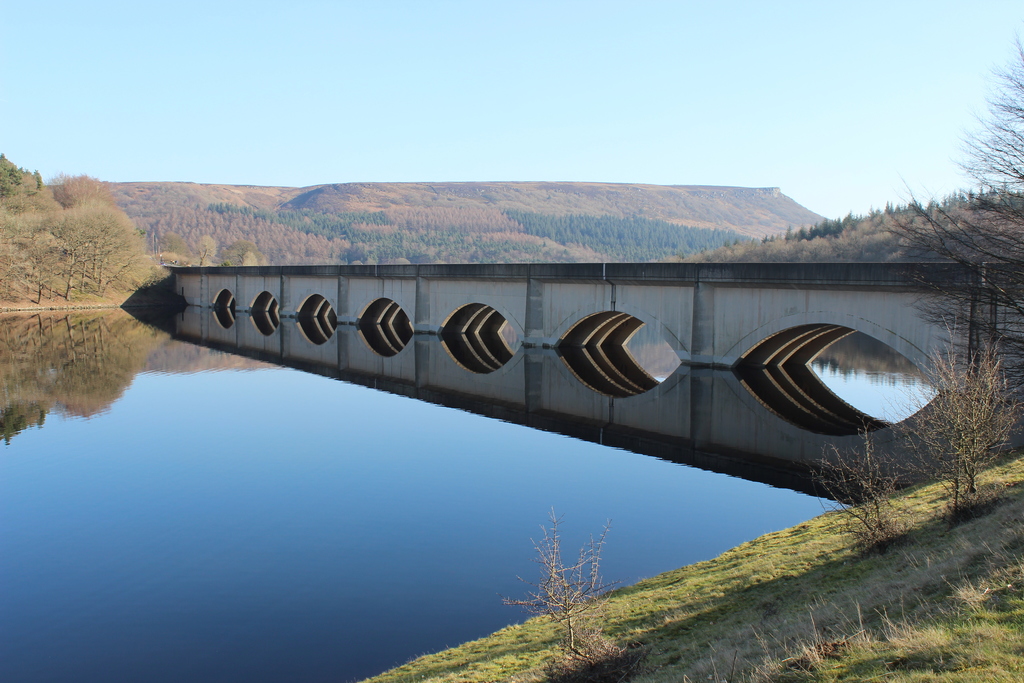 The A57 Snake Pass crossing Ladybower reservoir