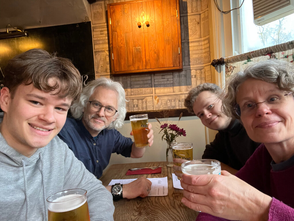 Connor, Paul, Eoin and Claire enjoying pub lunch somewhere in 2024.