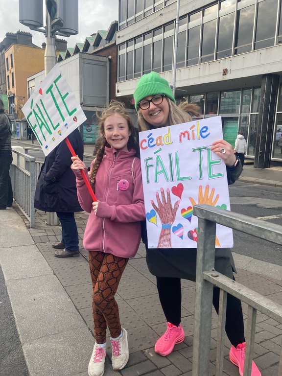At an anti racism march - Failte means welcome in Ireland and we welcome everyone.