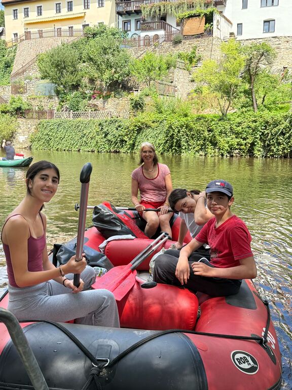 Chesky Krumlov, Czech Republic, our second exchange, July 2025, Giulia, Carlo, Margherita and Maia, a friend