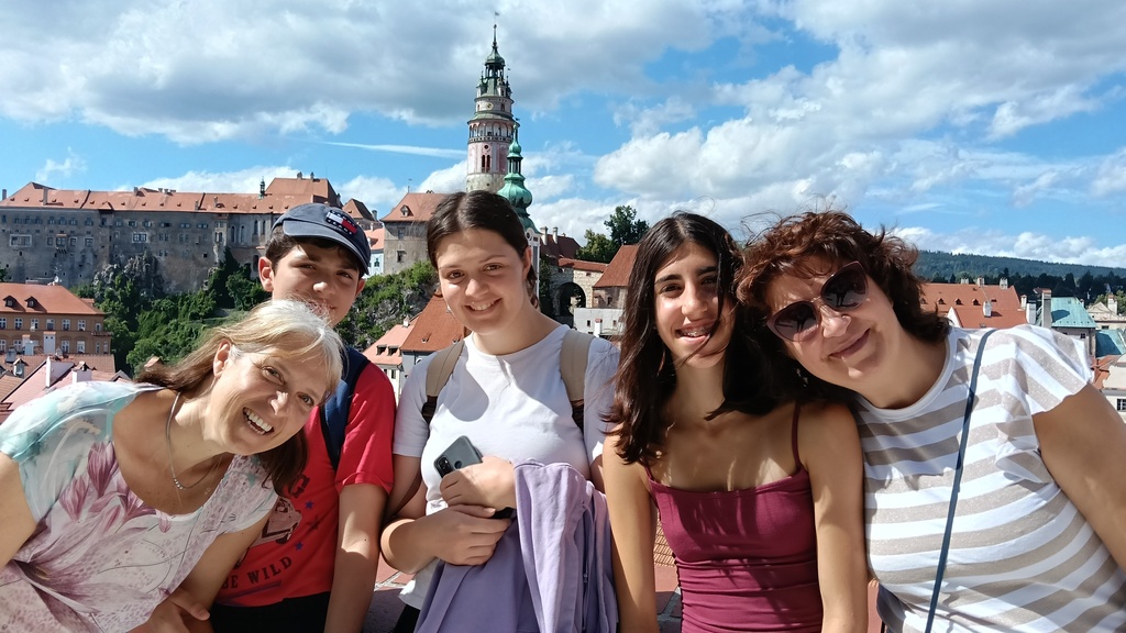 in Český Krumlov with my kids and friends for our exchange in Czech Republic July 2025