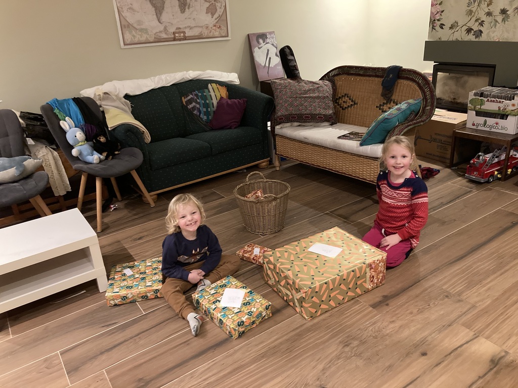 December 5th 2022; we just moved; Aira and Evan get presents from St Nicholas