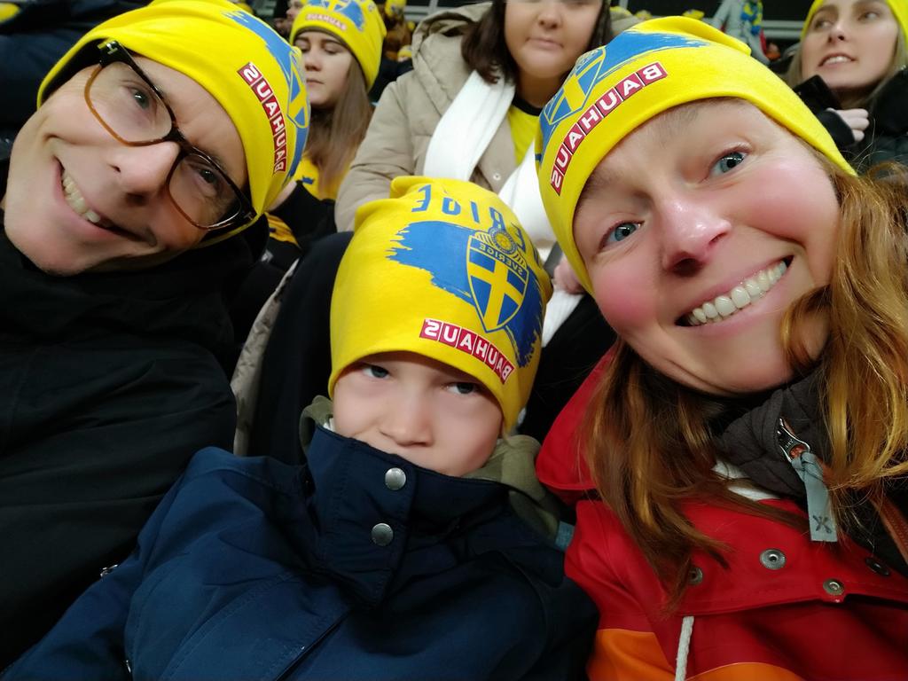 Michael, Johan and Carin watching the Swedish female football team defeat Finland (Our teenager rarely accepts a photo)