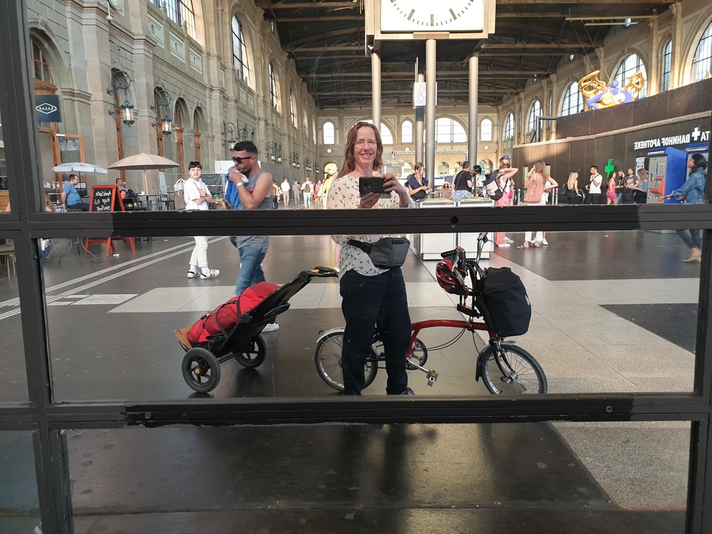 My foldable bike and trollie in a train station ready for more travelling.