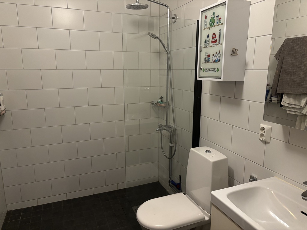 Bathroom 1, toilet, shower, sink, washing machine and dryer. 