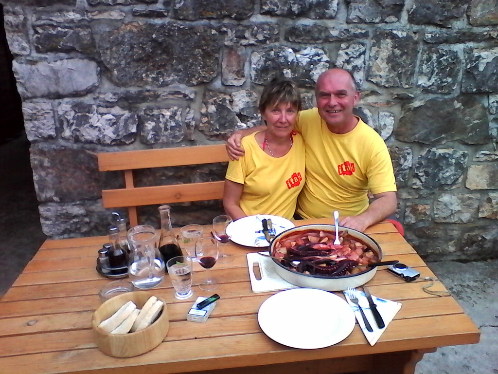 My husband and I enjoying fish dinner.